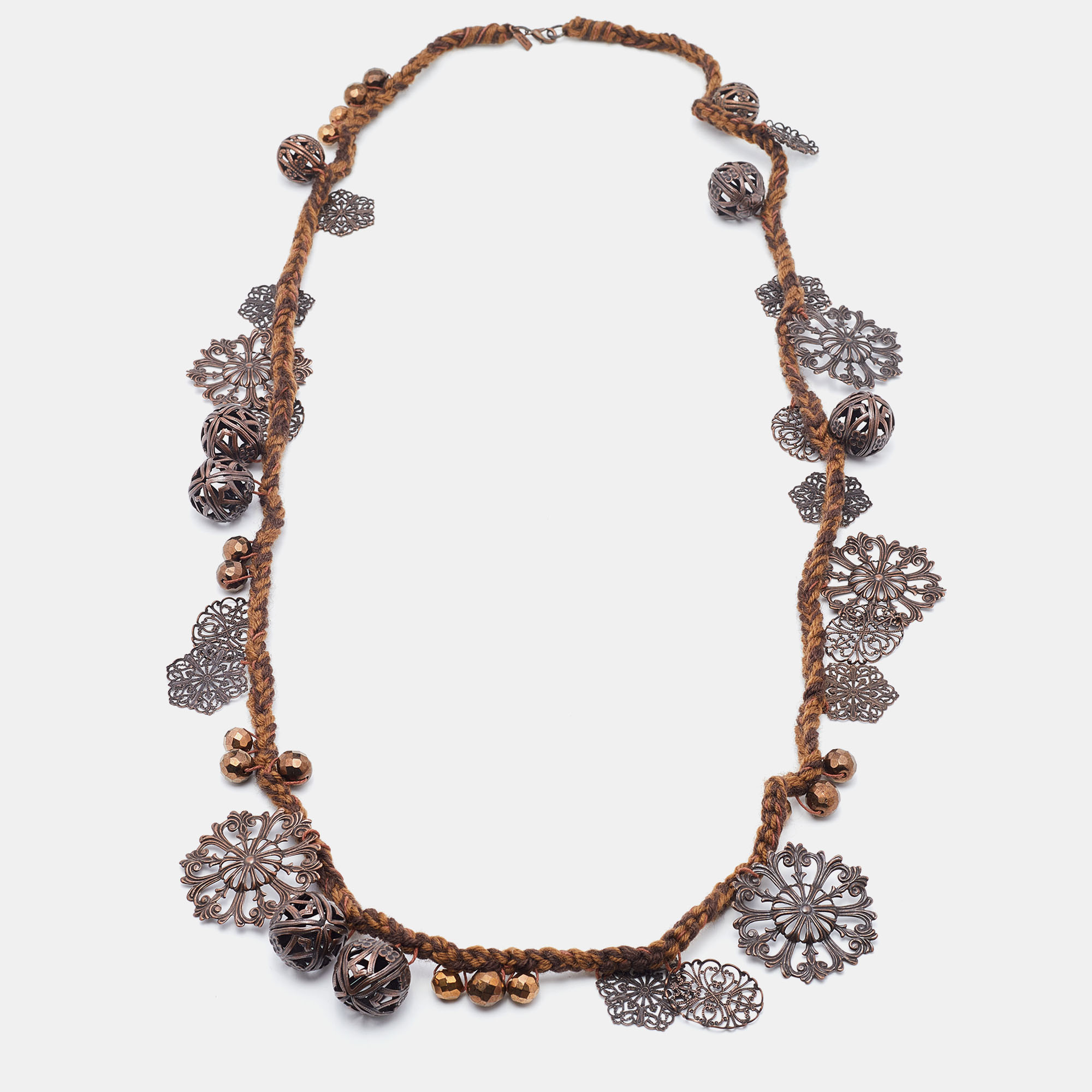 Moschino Brown Braided Charm Detail Long Necklace